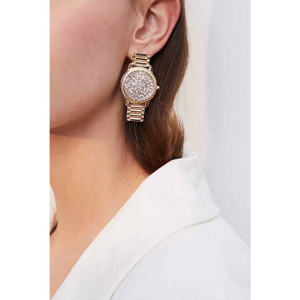 Trendy Gold Rhinestone Watch Earrings Rolex bling gift Trend Hiphop Jewelry GLAM - Picture 2 of 3